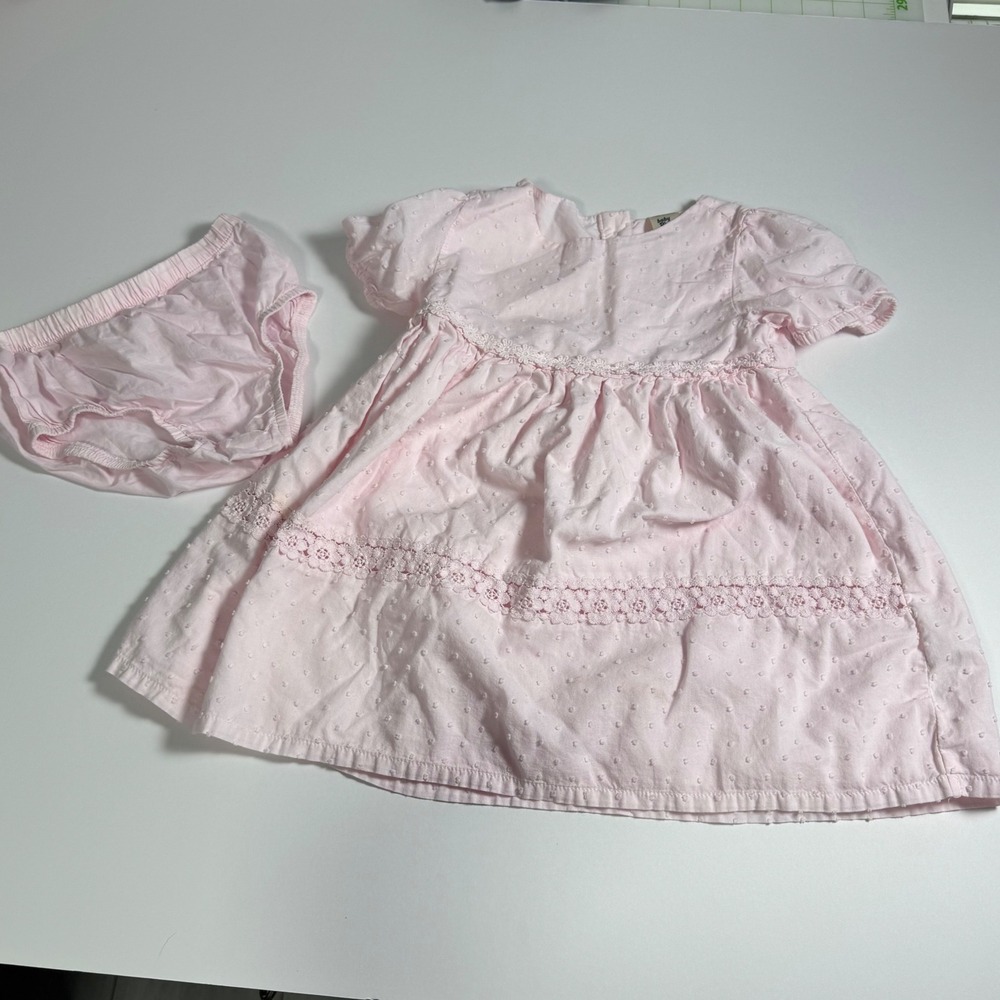 Baby B'gosh lined Pink Swiss Dot Dress with Diaper Cover 24M Crochet Lace Trim
